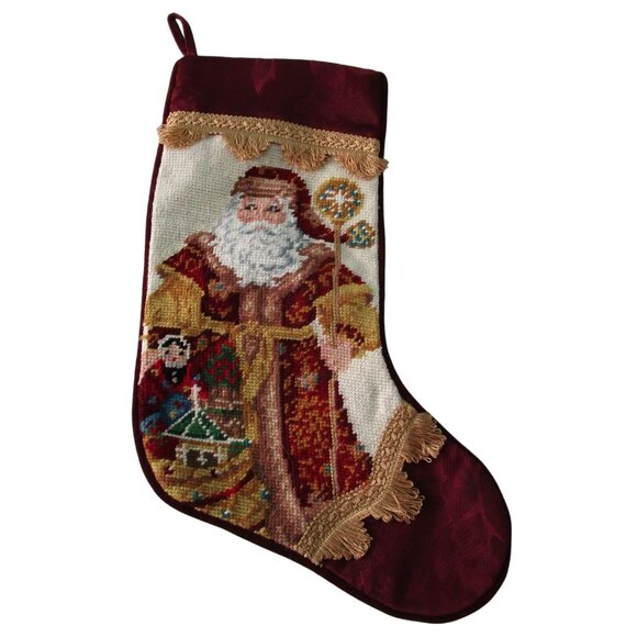 Vintage Needlepoint Santa Christmas Stocking Fringed Gimp Velvet Back GUC - Picture 1 of 7